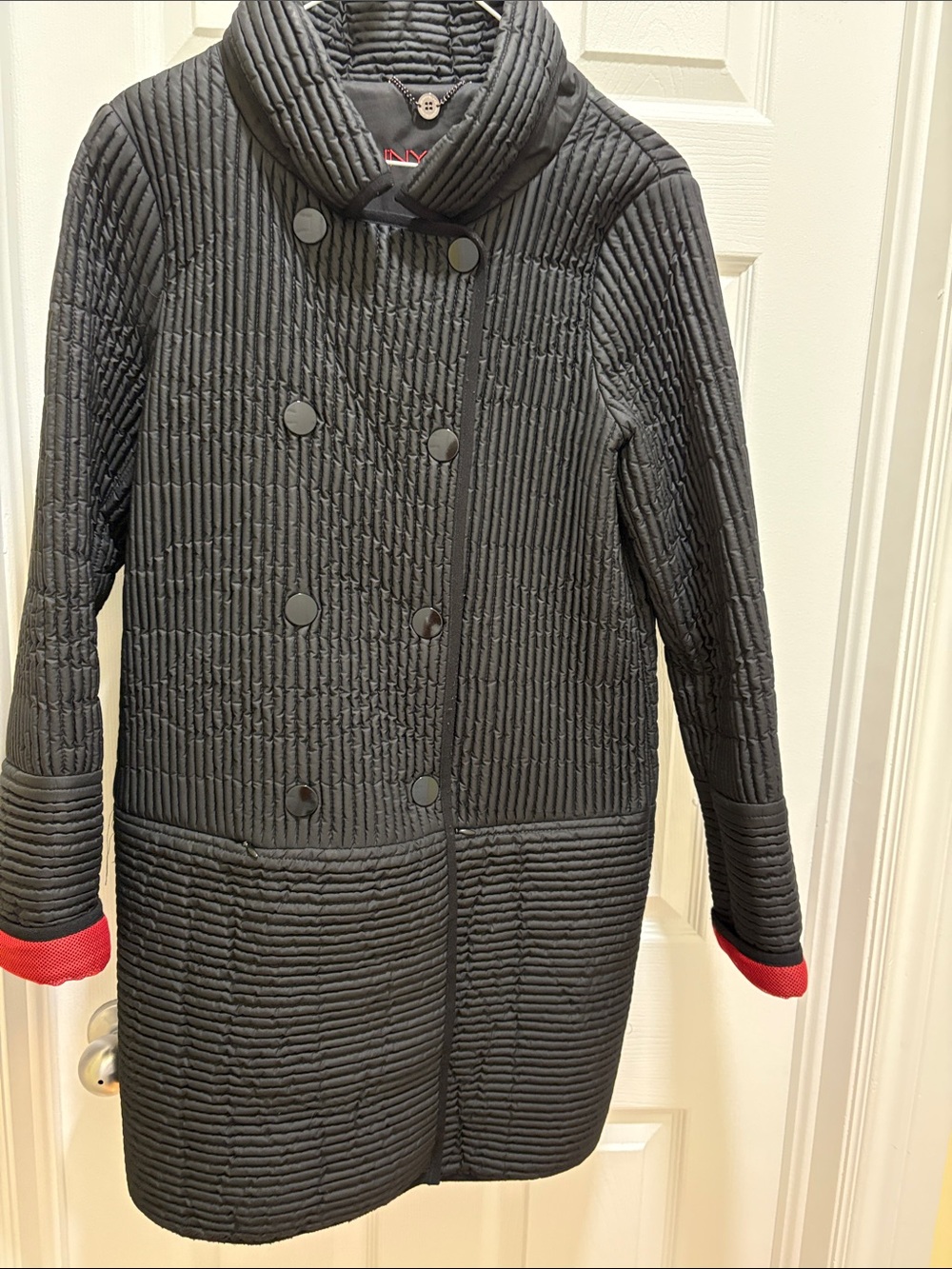Penny Black Women's Quilted Black Pea Coat with Red lining